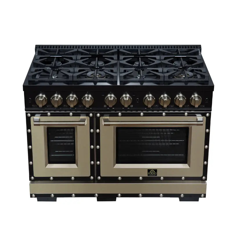 FORNO Valente FFSGS6299-48CPBLK 48-Inch Gas Range with 8 Sealed Burners, 94,000 BTU & 6.7 Cu. Ft. Double Oven – Black with Antique Brass