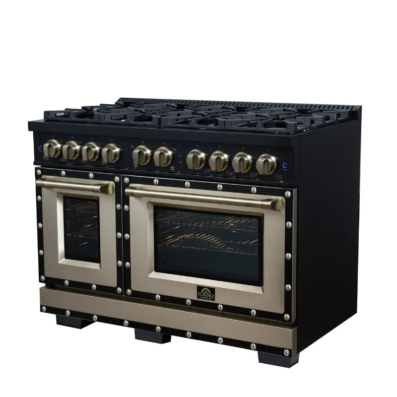 FORNO Valente FFSGS6299-48CPBLK 48-Inch Gas Range with 8 Sealed Burners, 94,000 BTU & 6.7 Cu. Ft. Double Oven – Black with Antique Brass