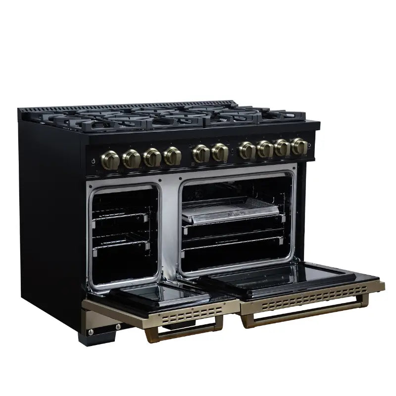 FORNO Valente FFSGS6299-48CPBLK 48-Inch Gas Range with 8 Sealed Burners, 94,000 BTU & 6.7 Cu. Ft. Double Oven – Black with Antique Brass