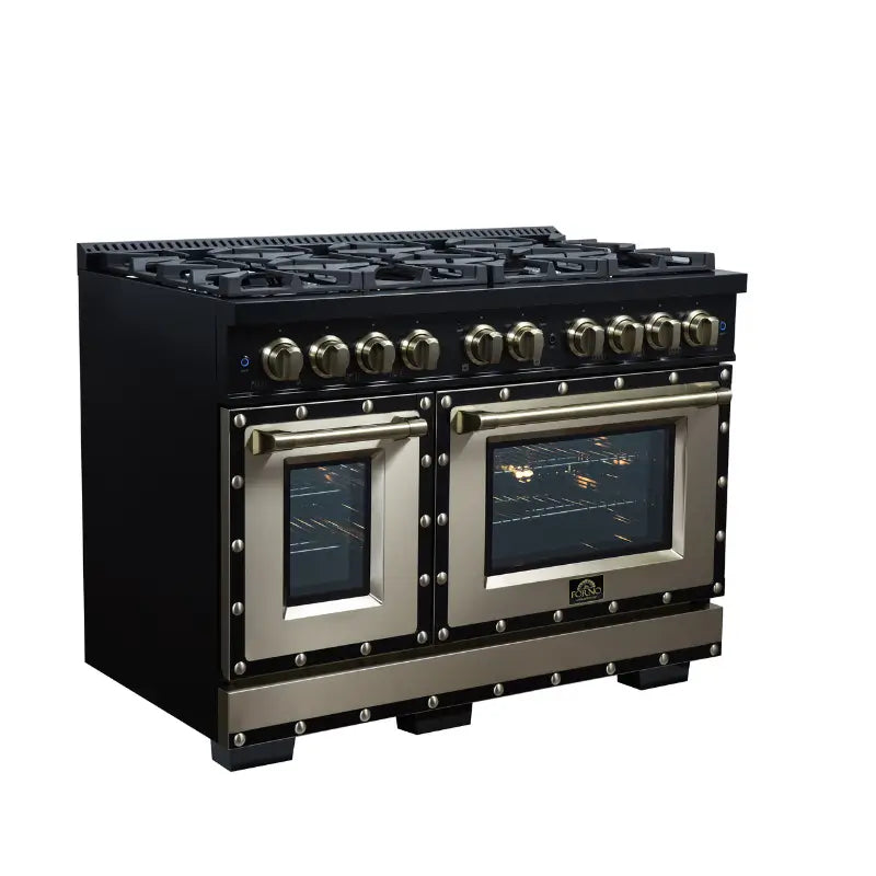 FORNO Valente FFSGS6299-48CPBLK 48-Inch Gas Range with 8 Sealed Burners, 94,000 BTU & 6.7 Cu. Ft. Double Oven – Black with Antique Brass