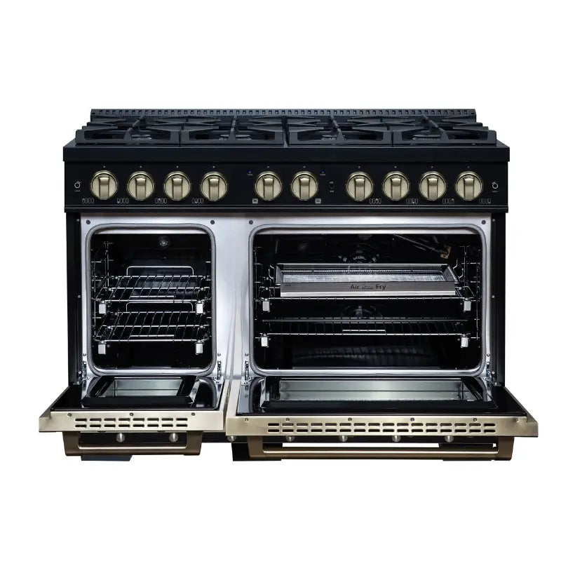 FORNO Valente FFSGS6299-48CPBLK 48-Inch Gas Range with 8 Sealed Burners, 94,000 BTU & 6.7 Cu. Ft. Double Oven – Black with Antique Brass