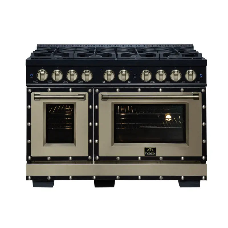 FORNO Valente FFSGS6299-48CPBLK 48-Inch Gas Range with 8 Sealed Burners, 94,000 BTU & 6.7 Cu. Ft. Double Oven – Black with Antique Brass