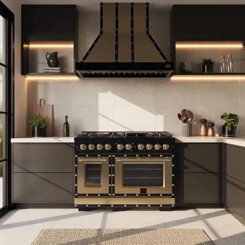 FORNO Valente FFSGS6299-48CPBLK 48-Inch Gas Range with 8 Sealed Burners, 94,000 BTU & 6.7 Cu. Ft. Double Oven – Black with Antique Brass