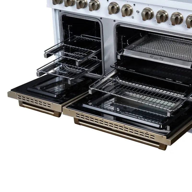 FORNO Valente FFSGS6299-48CPWHT 48-Inch Gas Range with 8 Sealed Burners, 94,000 BTU & 6.7 Cu. Ft. Double Oven – White with Copper Trim