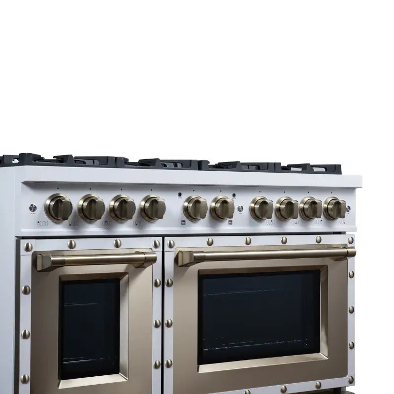 FORNO Valente FFSGS6299-48CPWHT 48-Inch Gas Range with 8 Sealed Burners, 94,000 BTU & 6.7 Cu. Ft. Double Oven – White with Copper Trim