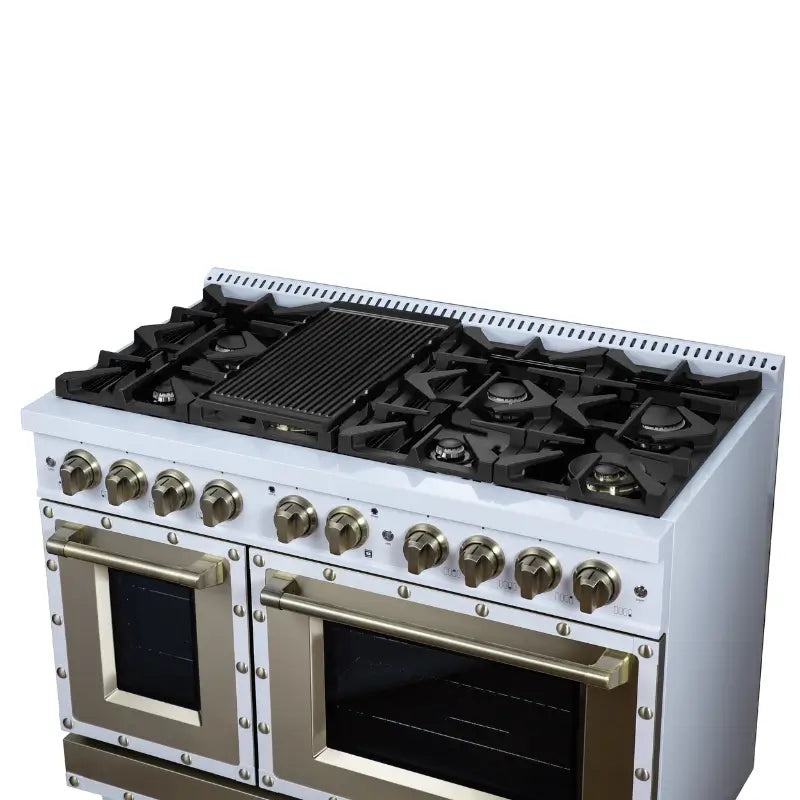 FORNO Valente FFSGS6299-48CPWHT 48-Inch Gas Range with 8 Sealed Burners, 94,000 BTU & 6.7 Cu. Ft. Double Oven – White with Copper Trim
