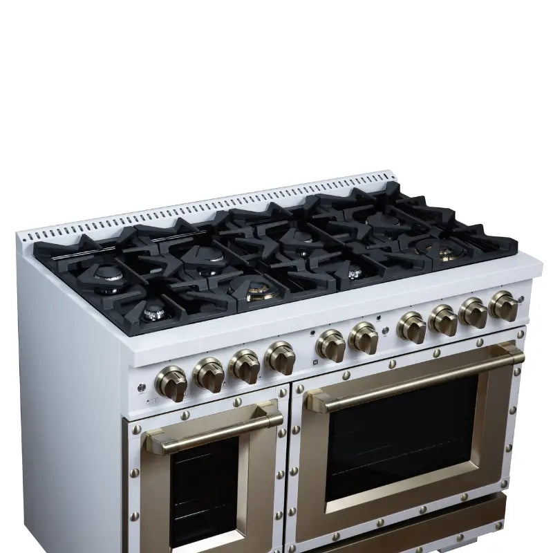 FORNO Valente FFSGS6299-48CPWHT 48-Inch Gas Range with 8 Sealed Burners, 94,000 BTU & 6.7 Cu. Ft. Double Oven – White with Copper Trim