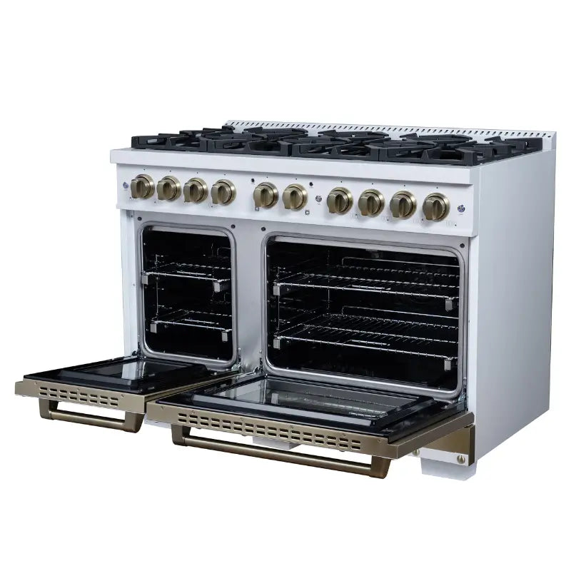 FORNO Valente FFSGS6299-48CPWHT 48-Inch Gas Range with 8 Sealed Burners, 94,000 BTU & 6.7 Cu. Ft. Double Oven – White with Copper Trim
