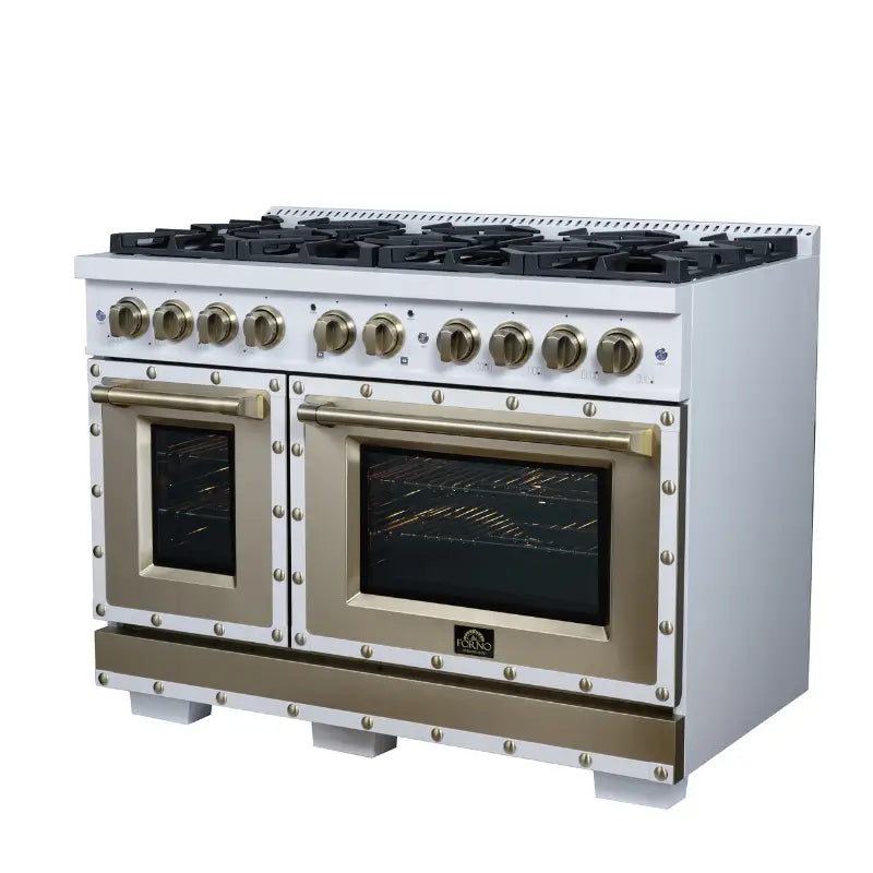 FORNO Valente FFSGS6299-48CPWHT 48-Inch Gas Range with 8 Sealed Burners, 94,000 BTU & 6.7 Cu. Ft. Double Oven – White with Copper Trim