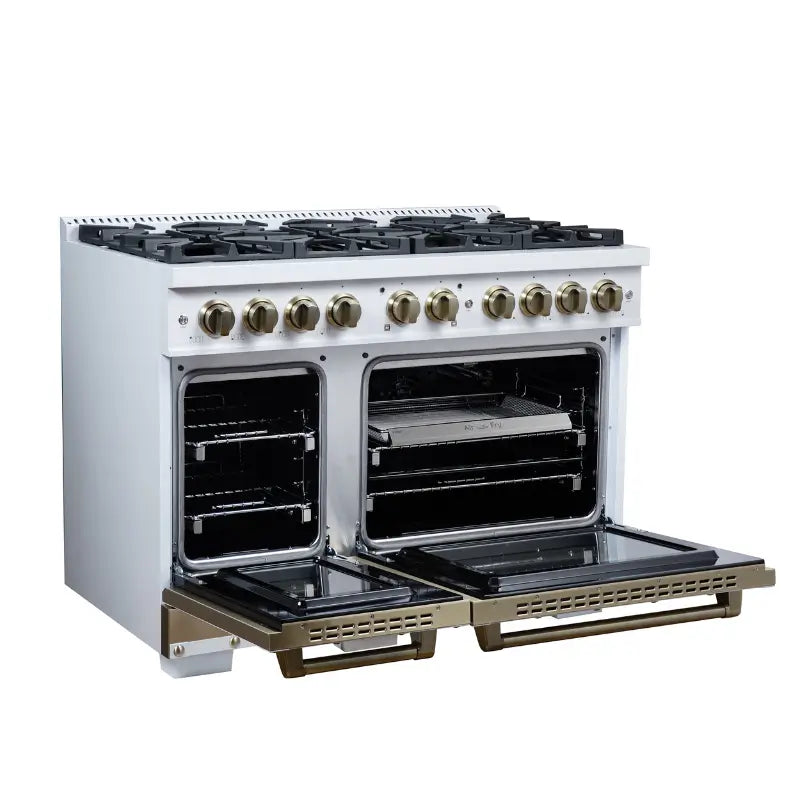 FORNO Valente FFSGS6299-48CPWHT 48-Inch Gas Range with 8 Sealed Burners, 94,000 BTU & 6.7 Cu. Ft. Double Oven – White with Copper Trim