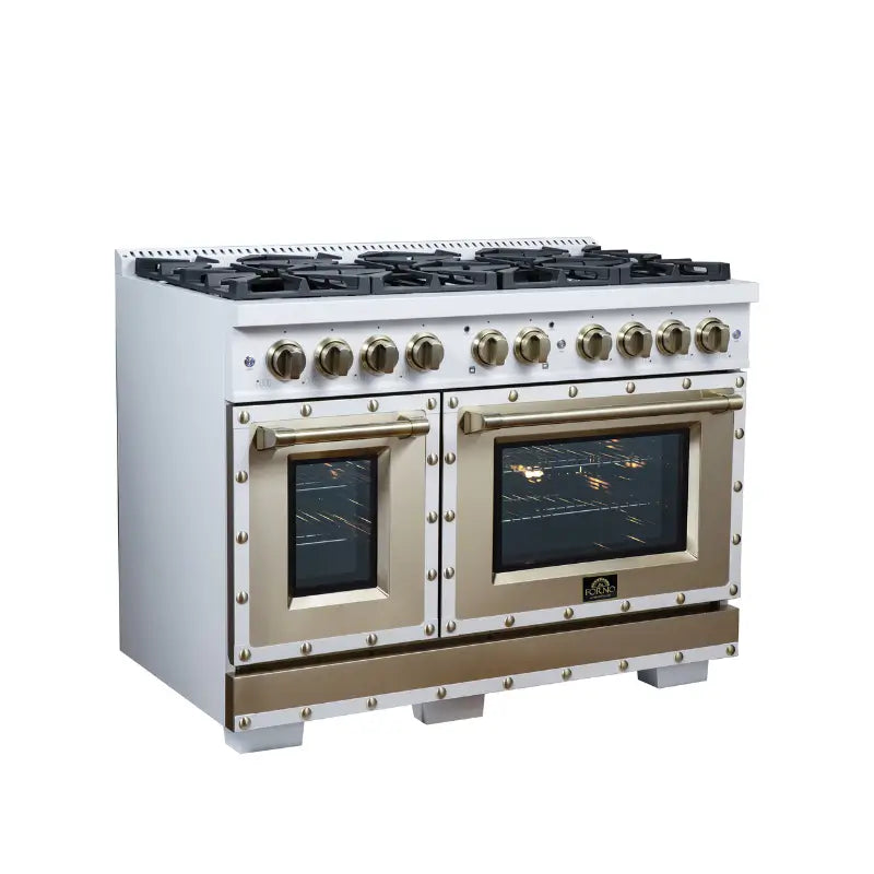 FORNO Valente FFSGS6299-48CPWHT 48-Inch Gas Range with 8 Sealed Burners, 94,000 BTU & 6.7 Cu. Ft. Double Oven – White with Copper Trim