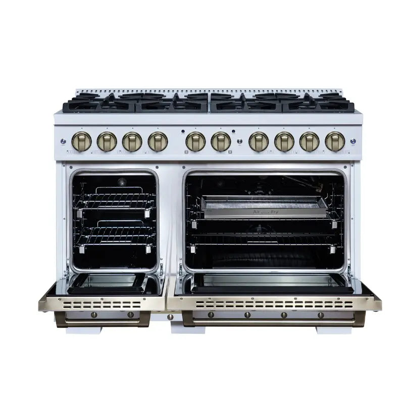 FORNO Valente FFSGS6299-48CPWHT 48-Inch Gas Range with 8 Sealed Burners, 94,000 BTU & 6.7 Cu. Ft. Double Oven – White with Copper Trim