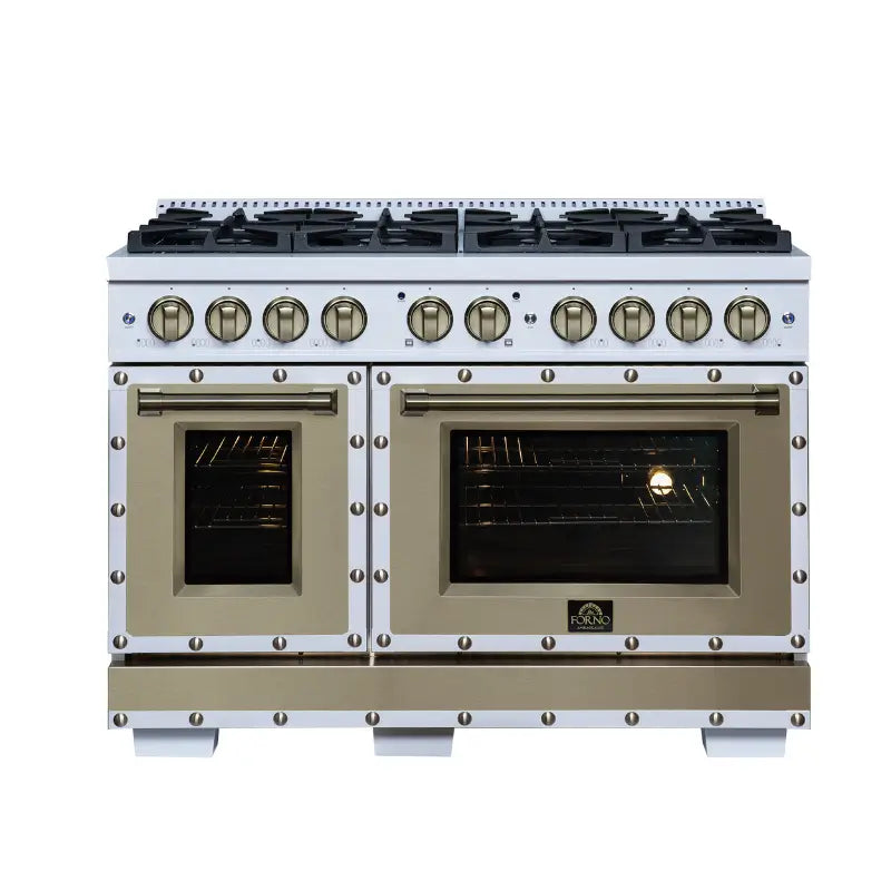 FORNO Valente FFSGS6299-48CPWHT 48-Inch Gas Range with 8 Sealed Burners, 94,000 BTU & 6.7 Cu. Ft. Double Oven – White with Copper Trim