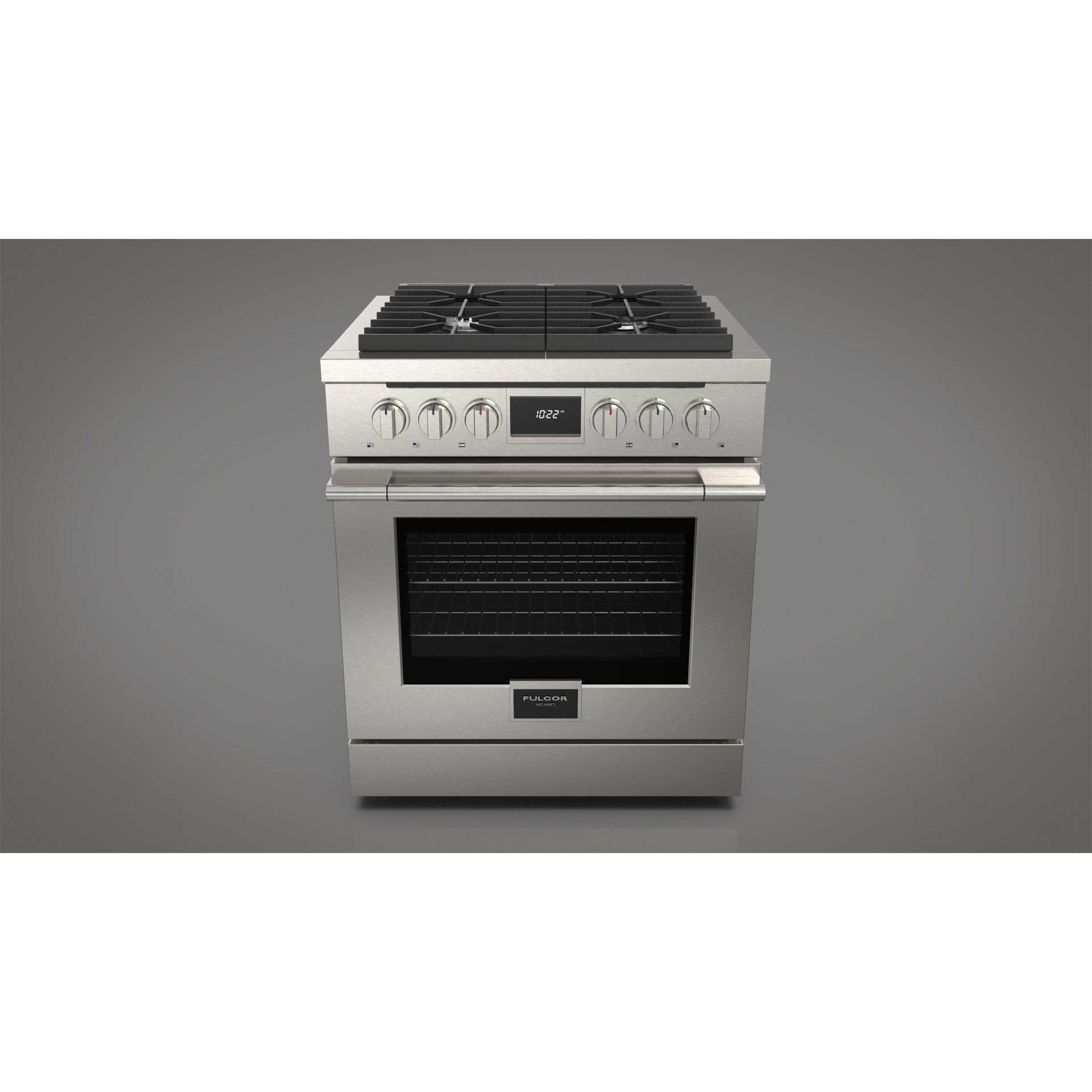 Fulgor Milano 30" Pro-Style Dual Fuel Range with 4 Sealed Burners,  4.4 Cu. Ft. Capacity w/  Stainless Steel - F4PDF304S1 Ranges F4PDF304S1 Luxury Appliances Direct
