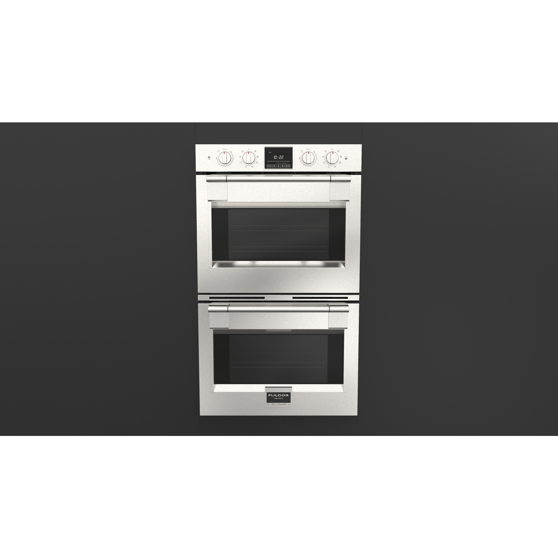 Fulgor Milano Package 30" Double Electric Wall Oven, 36" French Door Refrigerator, 30" Induction Rangetop, 30" Wall Mount Hood and 24" Integrated Built-In Dishwasher Wall Oven F6PDP30S1F6IRT304S1 Luxury Appliances Direct