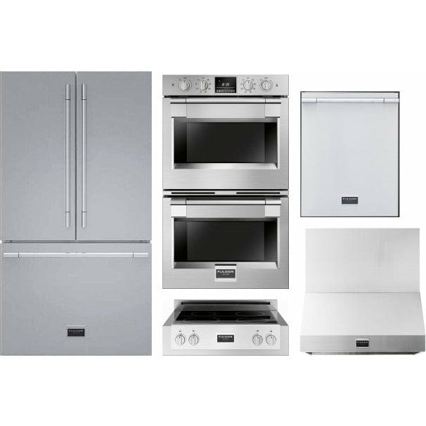 Fulgor Milano Package 30" Double Electric Wall Oven, 36" French Door Refrigerator, 30" Induction Rangetop, 30" Wall Mount Hood and 24" Integrated Built-In Dishwasher Wall Oven F6PDP30S1F6IRT304S1 Luxury Appliances Direct