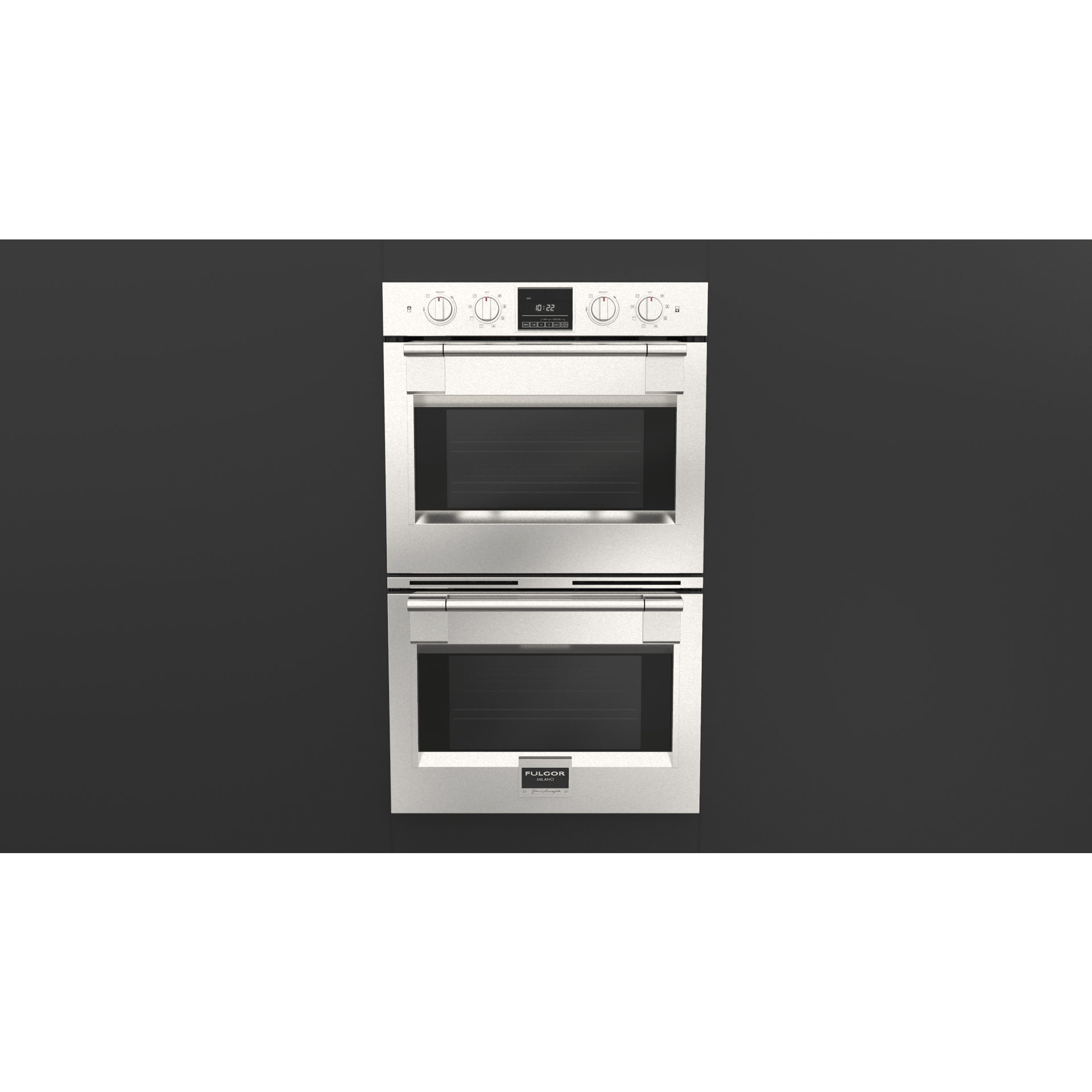 Fulgor Milano Package 30" Double Electric Wall Oven, 36" French Door Refrigerator, 36" Gas Rangetop, 36" Wall Mount Hood and 24" Integrated Built-In Dishwasher Wall Oven F6PDP30S1F6GRT366S1 Luxury Appliances Direct