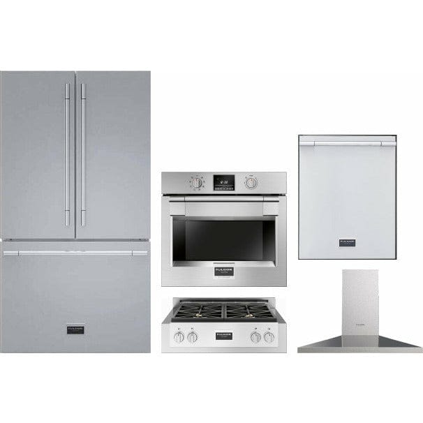 Fulgor Milano Package 30" Electric Wall Oven, 36" French Door Refrigerator, 30" Gas Rangetop, 30" Wall Mount Range Hood and 24" Built-In Dishwasher Wall Oven F6PSP30S1F6FBM36S2 Luxury Appliances Direct