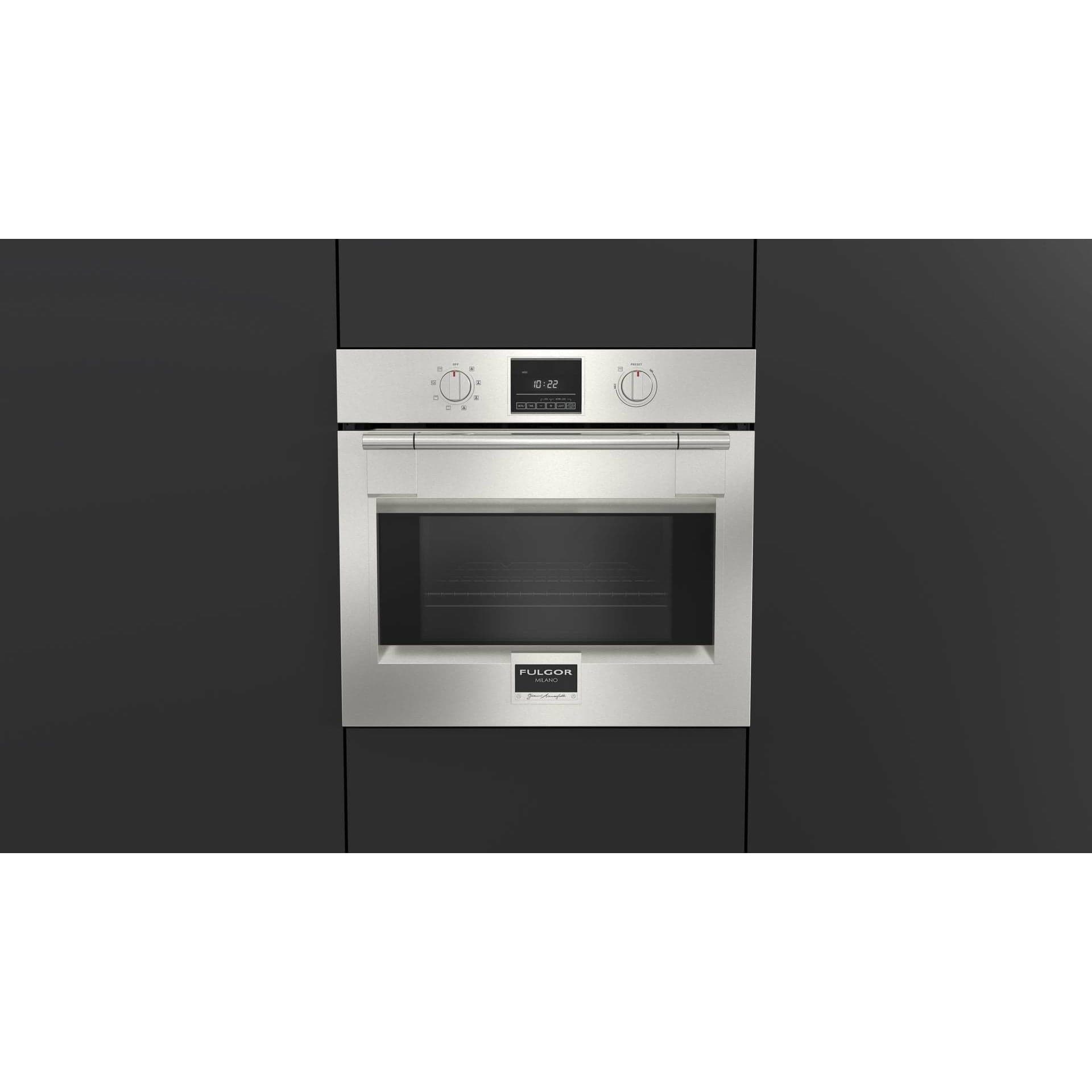 Fulgor Milano Package 30" Electric Wall Oven, 36" French Door Refrigerator, 36" Gas Rangetop, 36" Wall Mount Hood and 24" Built-In Dishwasher Wall Oven F6PSP30S1F6GRT366S1 Luxury Appliances Direct