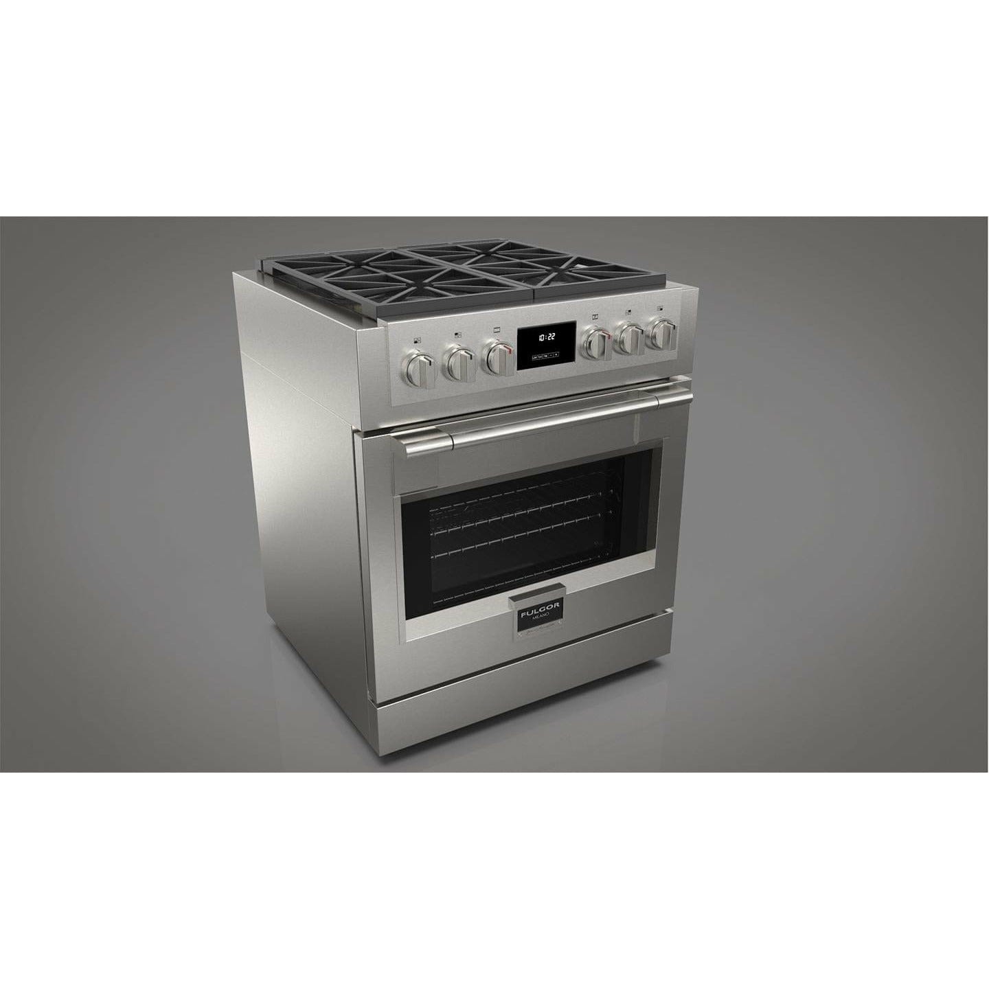 Fulgor Milano Package - 30" Gas Range, 36" French Door Refrigerator , 24" Built-In Dishwasher and 30" Wall Mount Hood Ranges F6PGR304S2F6FBM36S2 Luxury Appliances Direct