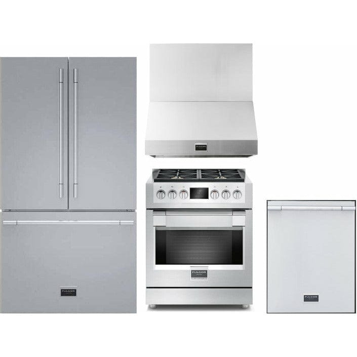 Fulgor Milano Package - 30" Gas Range, 36" French Door Refrigerator , 24" Built-In Dishwasher and 30" Wall Mount Hood Ranges F6PGR304S2F6FBM36S2 Luxury Appliances Direct