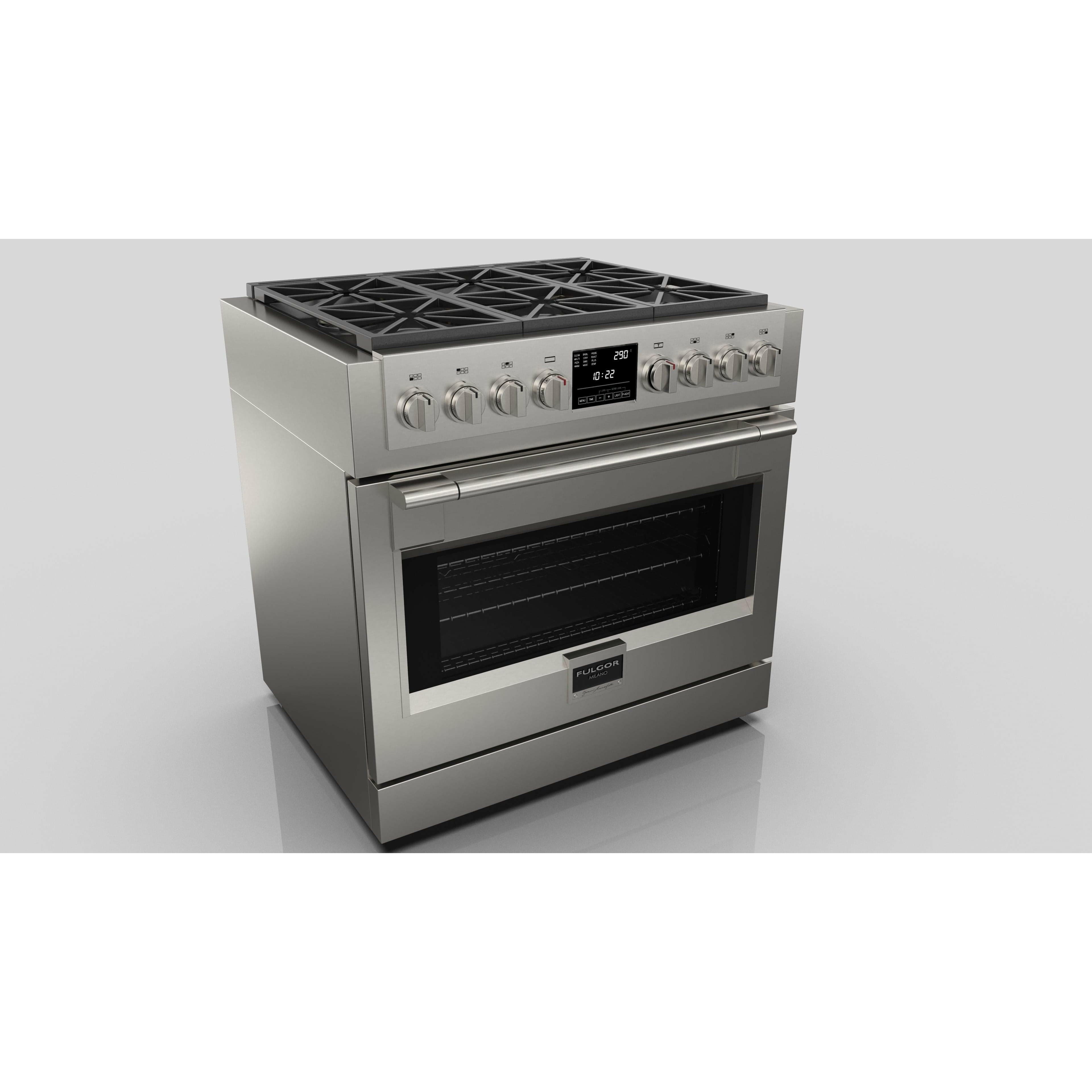 Fulgor Milano Package - 36" Dual Fuel Range, 36" French Door Refrigerator, 24" Built-In Dishwasher and 36" Wall Range Hood Ranges F6PDF366S1F6FBM36S2 Luxury Appliances Direct