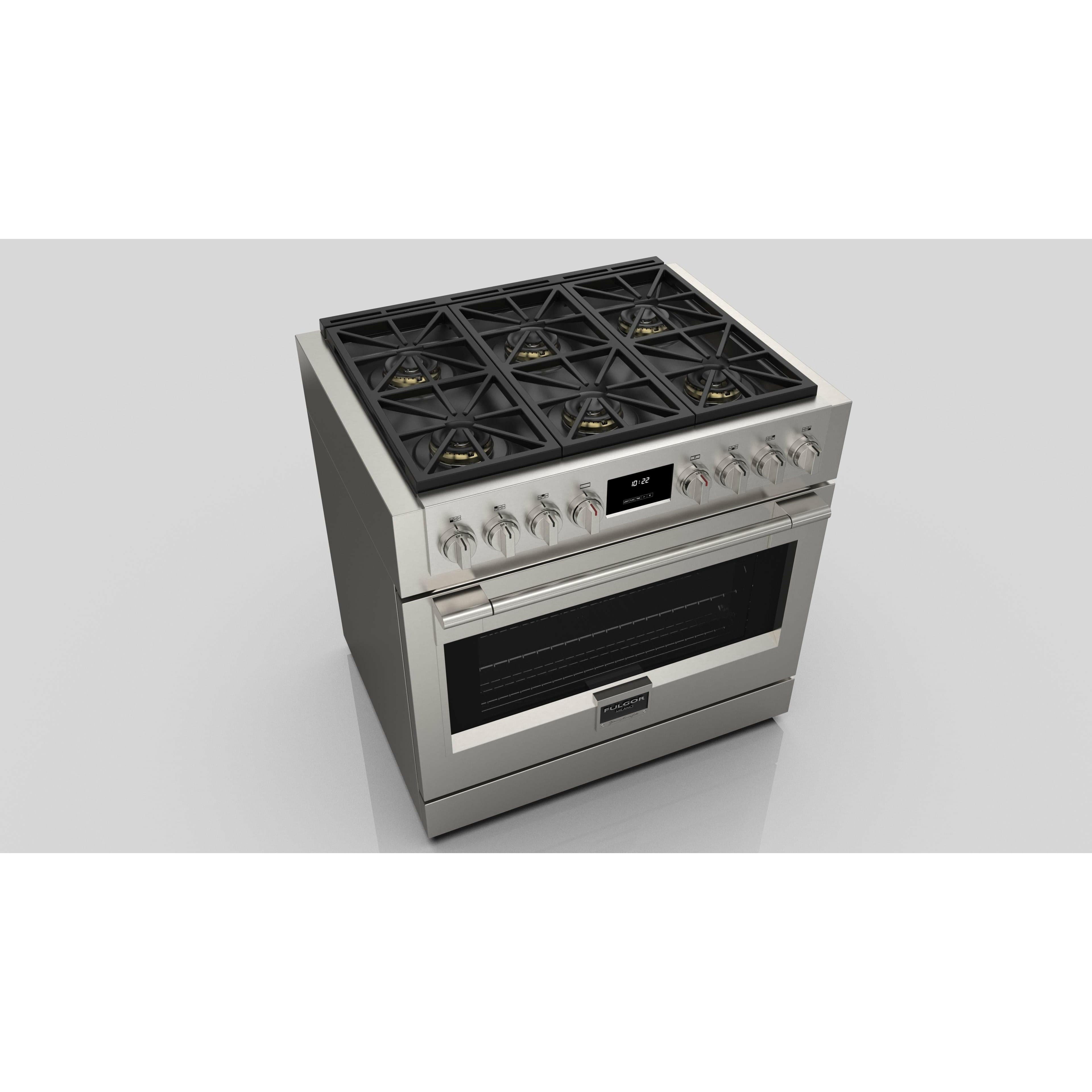 Fulgor Milano Package - 36" Gas Range, 36" French Door Refrigerator, 24" Built-In Dishwasher and 36" Wall Mount Hood Ranges F6PGR366S2F6FBM36S2 Luxury Appliances Direct