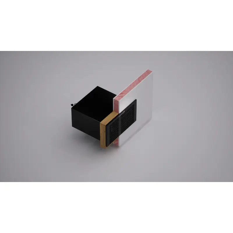 Angled illustration of the Panthaire Wine-R WR2500 cooling system installed through a wall with mounting frame and ventilation grille