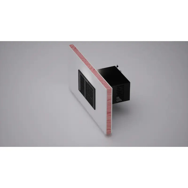 Angled installation diagram of the Panthaire Wine-R WR2500 cooling unit passing through an insulated wall with front ventilation grille