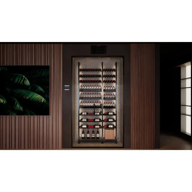 Modern glass-front wine cellar with floor-to-ceiling wine racks and a Panthaire Wine-R WR2500 cooling unit positioned above the display