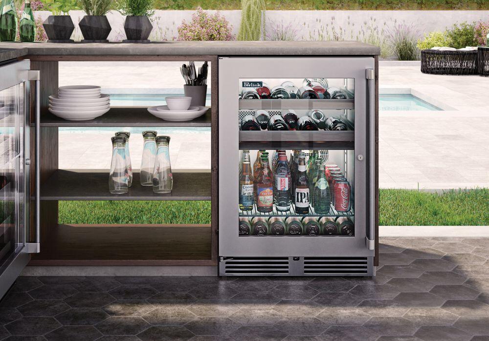 Perlick 24" Signature Series Outdoor Built-In Glass Door Beverage Center with 5 cu. ft. Capacity Dual Zone in Stainless Steel HP24CM-4-3 Beverage Centers Luxury Appliances Direct