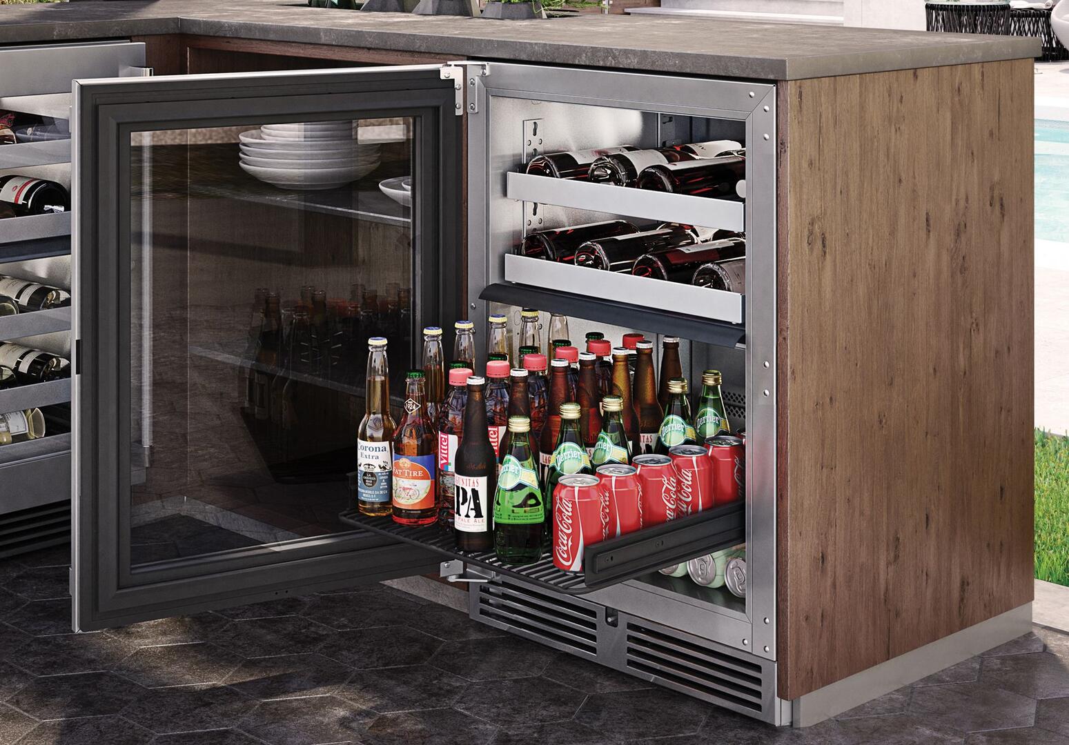 Perlick 24" Signature Series Outdoor Built-In Glass Door Beverage Center with 5 cu. ft. Capacity Dual Zone in Stainless Steel HP24CM-4-3 Beverage Centers Luxury Appliances Direct