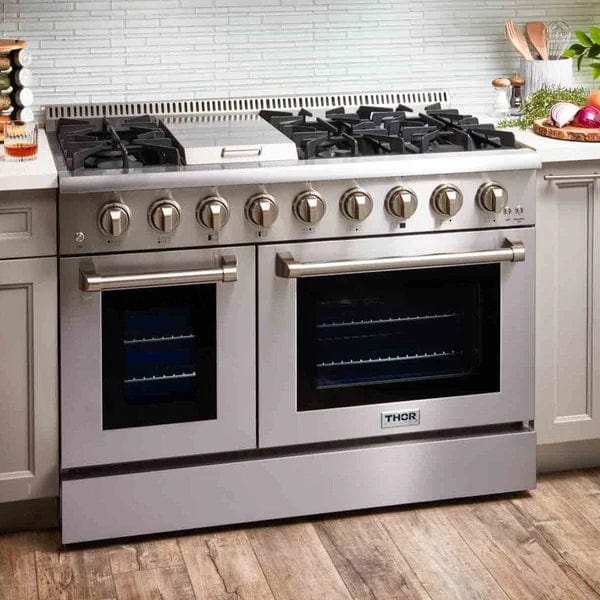 Thor Kitchen 2-Piece Pro Appliance Package - 48" Dual Fuel Range & Pro Wall Mount Hood in Stainless Steel I Luxury Appliances Direct
