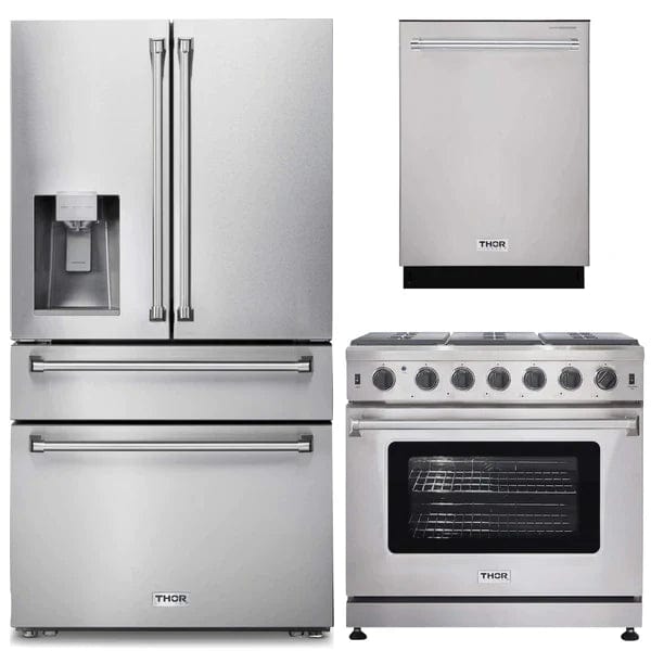 Thor Kitchen 3-Piece Appliance Package - 36-Inch Gas Range, Dishwasher & Refrigerator with Water Dispenser in Stainless Steel Ranges APW3-LRG36 Luxury Appliances Direct