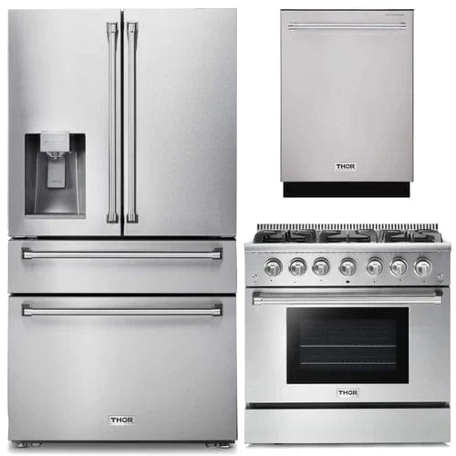 Thor Kitchen 3-Piece Pro Appliance Package - 36-Inch Gas Range, Dishwasher & Refrigerator with Water Dispenser in Stainless Steel Ranges APW3-HRG36 Luxury Appliances Direct