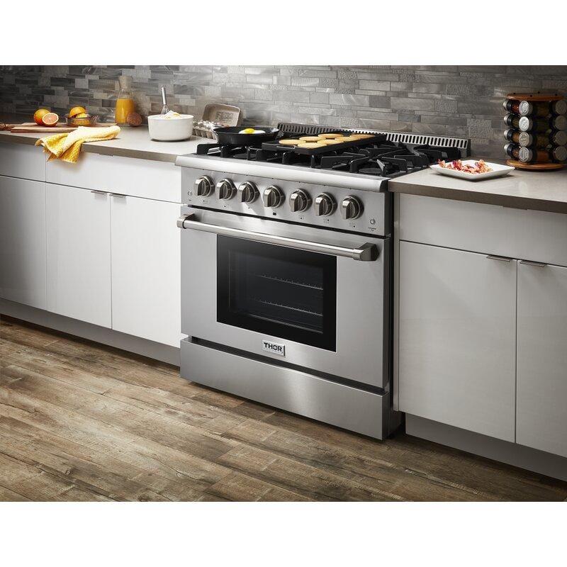 Thor Kitchen 36 in. Natural Gas Burner/Electric Oven Range in Stainless Steel HRD3606U I Luxury Appliances Direct