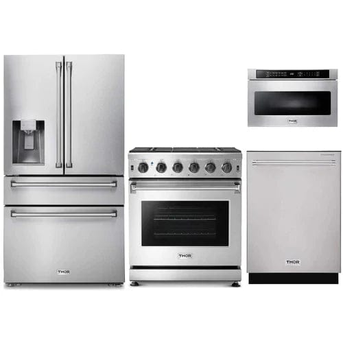 Thor Kitchen 4-Piece Appliance Package - 30-Inch Gas Range, Refrigerator with Water Dispenser, Dishwasher, & Microwave Drawer in Stainless Steel Ranges APW4-LRG30-MW Luxury Appliances Direct