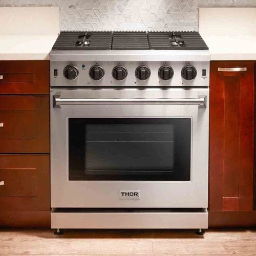 Thor Kitchen 4-Piece Appliance Package - 30-Inch Gas Range, Refrigerator with Water Dispenser, Under Cabinet Hood & Dishwasher in Stainless Steel Ranges Luxury Appliances Direct