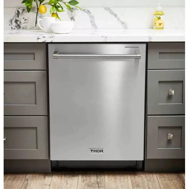 Thor Kitchen 4-Piece Appliance Package - 36-Inch Gas Range, Refrigerator with Water Dispenser, Dishwasher, & Microwave Drawer in Stainless Steel Ranges Luxury Appliances Direct