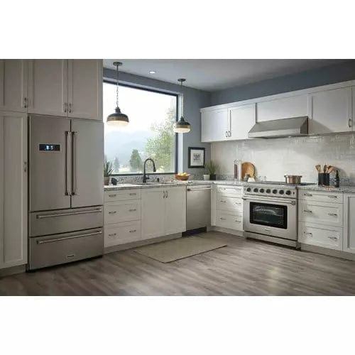 Thor Kitchen 4-Piece Appliance Package - 36-Inch Gas Range, Refrigerator with Water Dispenser, Under Cabinet Hood & Dishwasher in Stainless Steel Ranges Luxury Appliances Direct