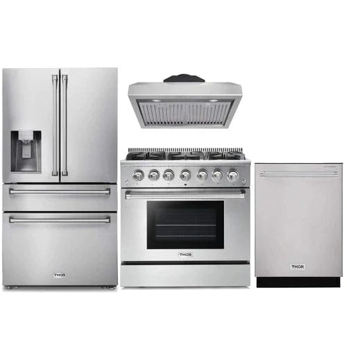 Thor Kitchen 4-Piece Pro Appliance Package - 36-Inch Gas Range, Refrigerator with Water Dispenser, Under Cabinet Hood & Dishwasher in Stainless Steel Ranges APW4-HRG36 Luxury Appliances Direct