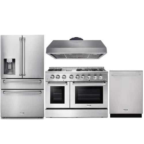 Thor Kitchen 4-Piece Pro Appliance Package - 48-Inch Dual Fuel Range, Refrigerator with Water Dispenser, & Dishwasher in Stainless Steel Ranges APW4-HRD48 Luxury Appliances Direct