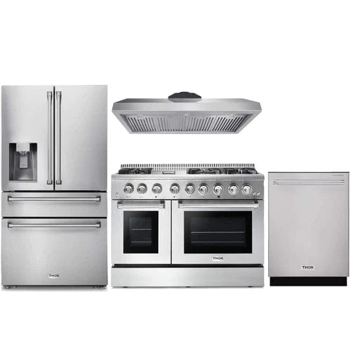 Thor Kitchen 4-Piece Pro Appliance Package - 48-Inch Dual Fuel Range, Refrigerator with Water Dispenser, & Dishwasher in Stainless Steel Ranges APW4-HRD48B Luxury Appliances Direct
