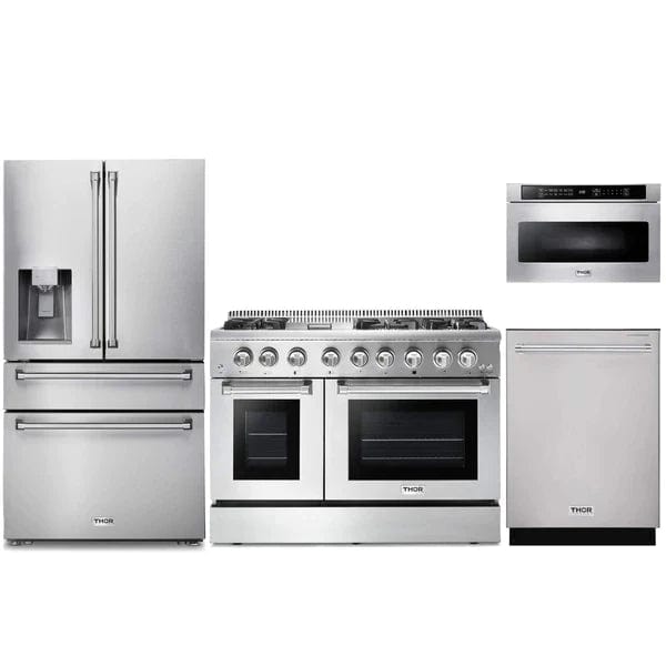 Thor Kitchen 4-Piece Pro Appliance Package - 48-Inch Dual Fuel Range, Refrigerator with Water Dispenser, Dishwasher, & Microwave Drawer in Stainless Steel Ranges APW4-HRD48-MW Luxury Appliances Direct