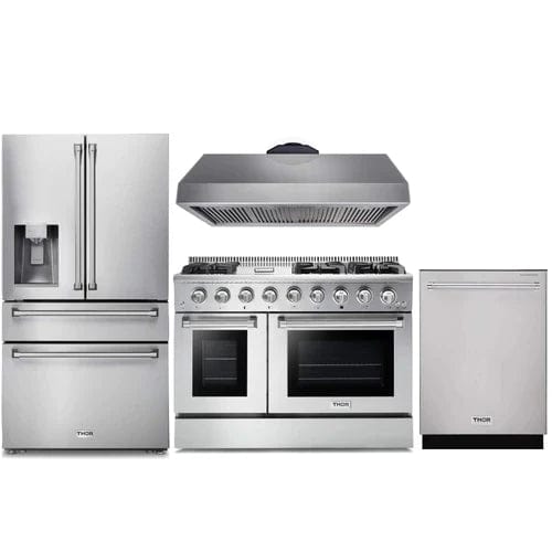 Thor Kitchen 4-Piece Pro Appliance Package - 48-Inch Gas Range, Refrigerator with Water Dispenser, & Dishwasher in Stainless Steel Appliance Packages Luxury Appliances Direct