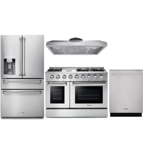 Thor Kitchen 4-Piece Pro Appliance Package - 48-Inch Gas Range, Refrigerator with Water Dispenser, & Dishwasher in Stainless Steel Ranges APW4-HRG48 Luxury Appliances Direct