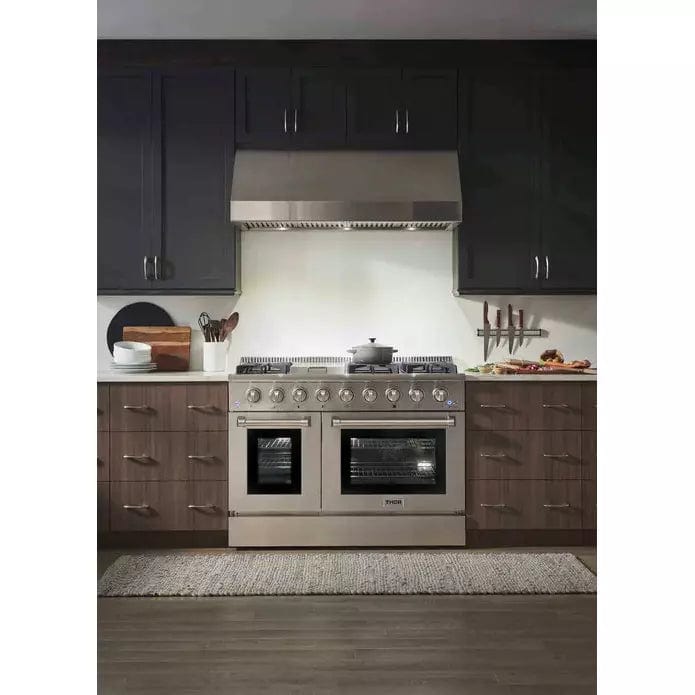 Thor Kitchen 4-Piece Pro Appliance Package - 48-Inch Gas Range, Refrigerator with Water Dispenser, & Dishwasher in Stainless Steel Ranges Luxury Appliances Direct