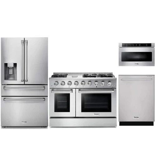 Thor Kitchen 4-Piece Pro Appliance Package - 48-Inch Gas Range, Refrigerator with Water Dispenser, Dishwasher, & Microwave Drawer in Stainless Steel Ranges APW4-HRG48-MW Luxury Appliances Direct