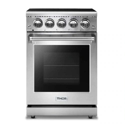 Thor Kitchen 5-Piece Appliance Package - 24-Inch Electric Range, Refrigerator with Water Dispenser, Under Cabinet Hood, Dishwasher, & Microwave Drawer in Stainless Steel I Luxury Appliances Direct