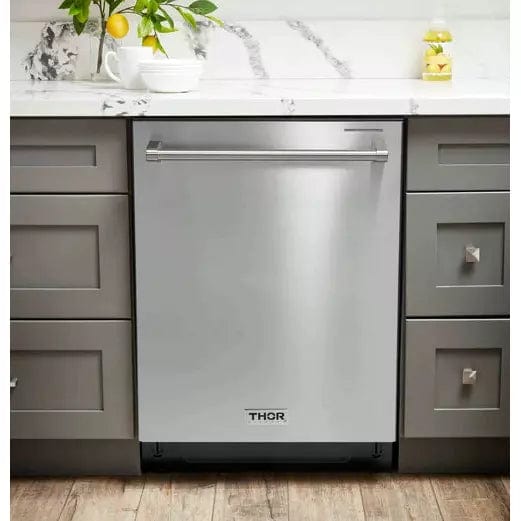 Thor Kitchen 5-Piece Appliance Package - 30-Inch Gas Range, Refrigerator with Water Dispenser, Under Cabinet Hood, Dishwasher, & Wine Cooler in Stainless Steel Ranges Luxury Appliances Direct